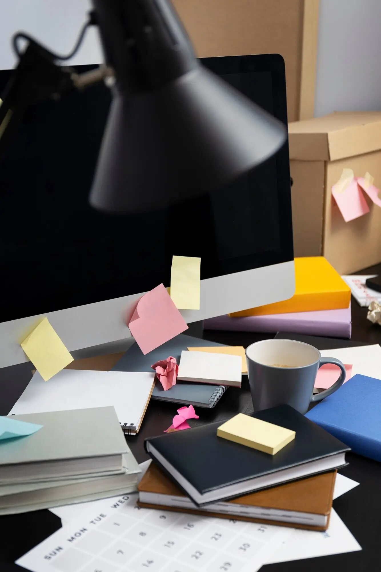 Still life of a messy office desk