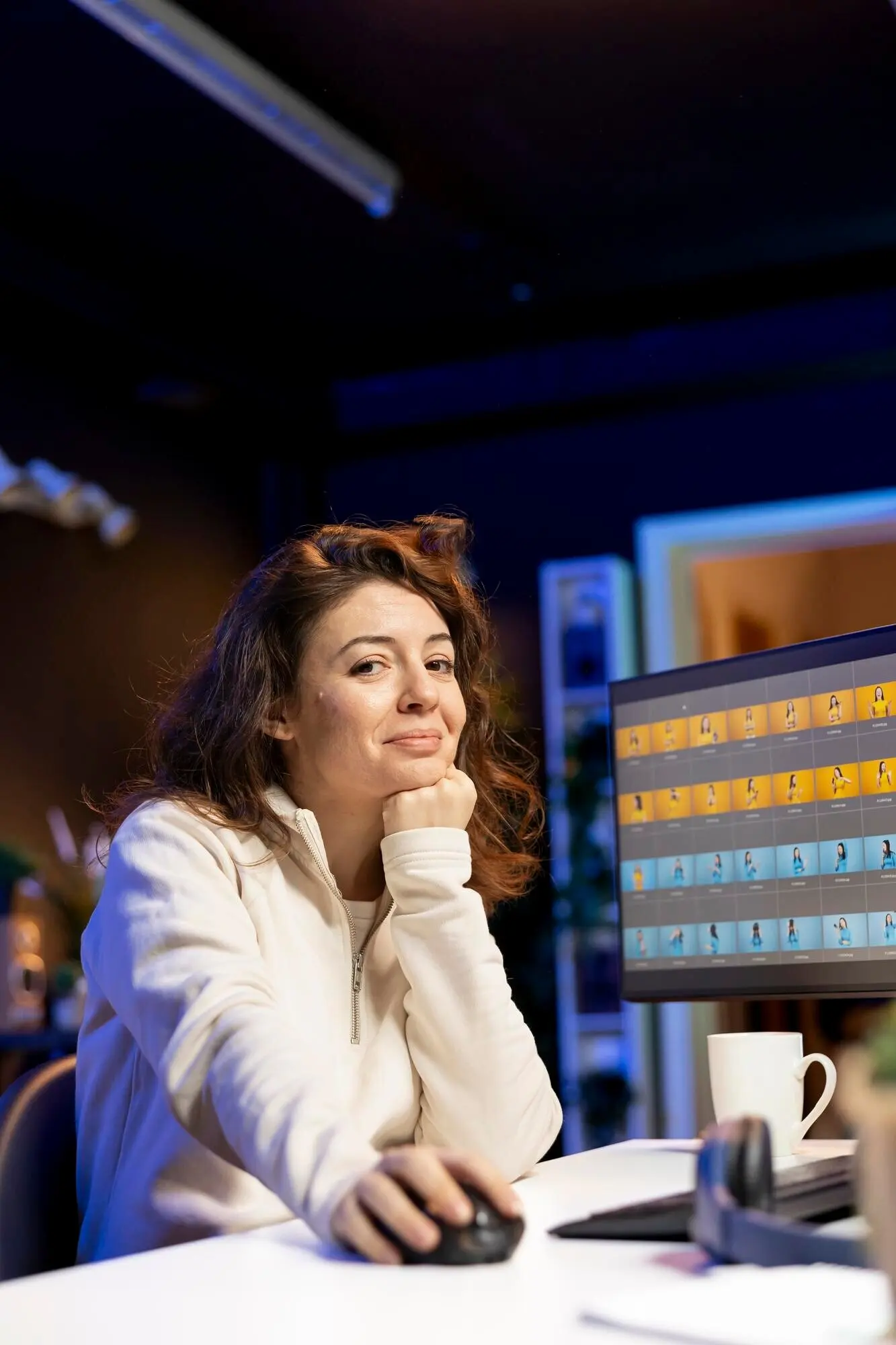 A portrait of a happy photo editor correcting the colors of photographs.